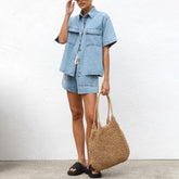 Merve - Women's Denim Co-ord Set of Short-Sleeves Shirt and Shorts
